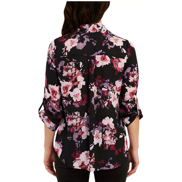 NEW BCX Black Floral Blouse Large Collared Satin Top Dark Flower Office Work - Picture 2 of 14